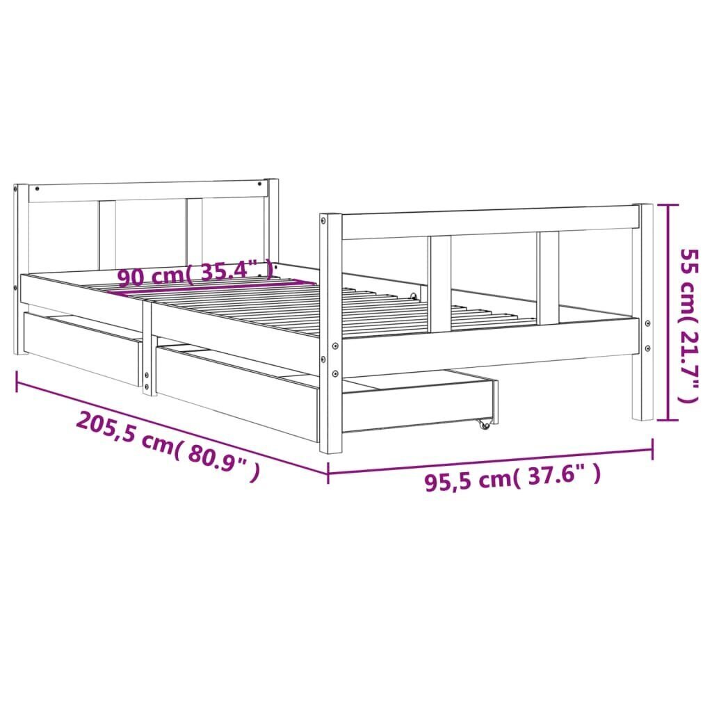 Lasten sängynrunko valkoinen 90x200 cm täysi mänty hinta ja tiedot | Lastensängyt | hobbyhall.fi