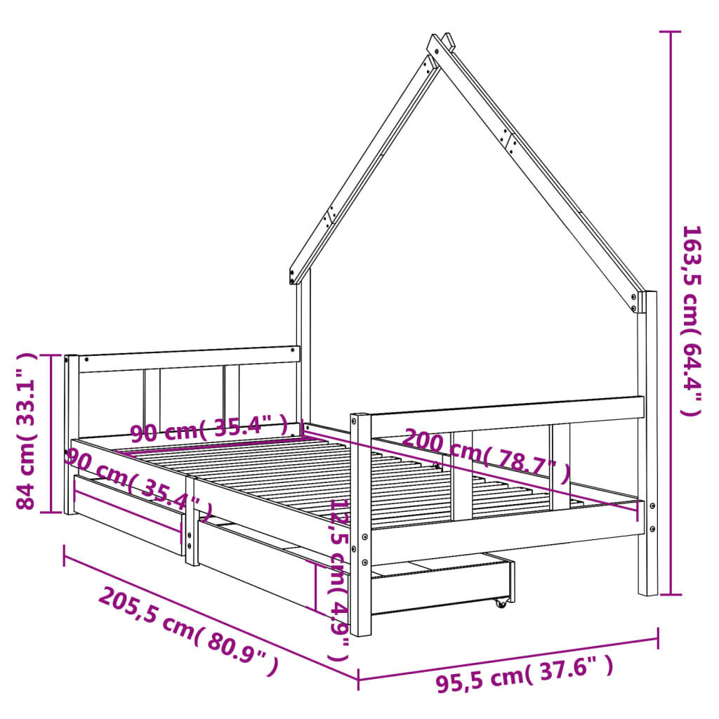 Lasten sängynrunko valkoinen 90x200 cm täysi mänty hinta ja tiedot | Lastensängyt | hobbyhall.fi