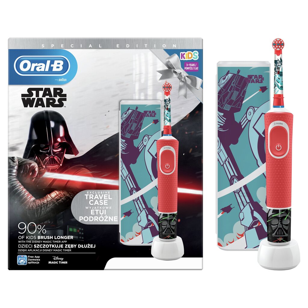 Braun Oral-B lasten sähköhammasharja D100.413.2KX Star Wars ajastimella + matkakotelo, punainen hinta ja tiedot | Sähköhammasharjat | hobbyhall.fi