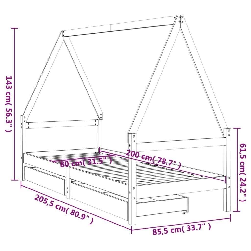 Lasten sängynrunko laatikoilla 80x200 cm täysi mänty hinta ja tiedot | Lastensängyt | hobbyhall.fi