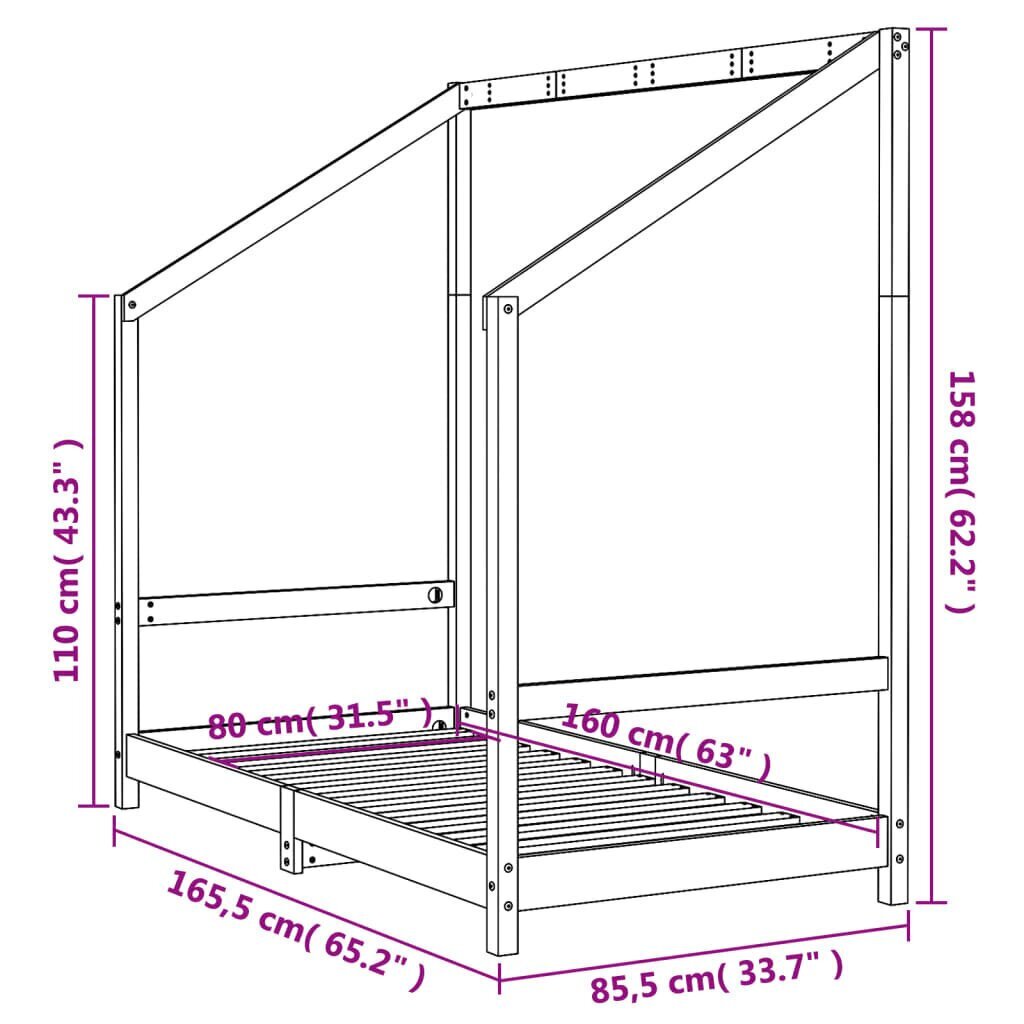 Lasten sängynrunko valkoinen 80x160 cm täysi mänty hinta ja tiedot | Lastensängyt | hobbyhall.fi