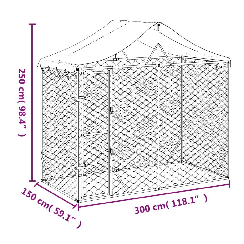 Koiran ulkohäkki katolla hopea 3x7,5x2,5 m galvanoitu teräs hinta ja tiedot | Kuljetushäkit ja kuljetuslaatikot | hobbyhall.fi