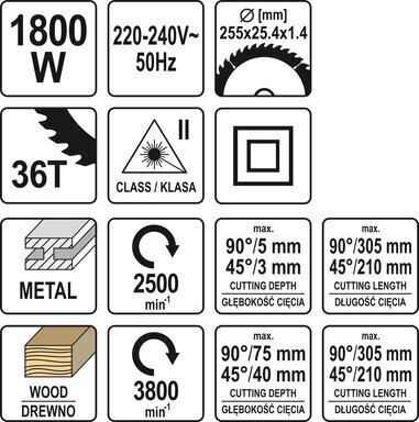 Metallin ja puun katkaisukone 1800 W 255 mm, 2 kiskoa, syöttötoiminto Yato (YT-82174) hinta ja tiedot | Sahat ja sirkkelit | hobbyhall.fi