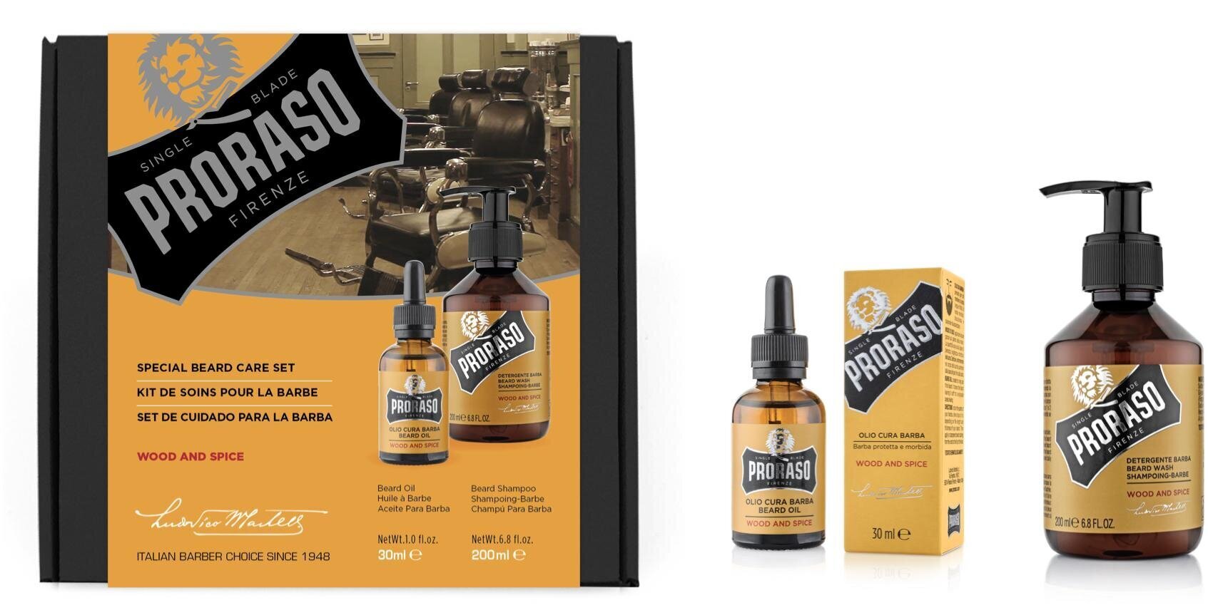 Proraso Duo Pack Wood &amp; Spice Beard Oil &amp; Shampoo Parranhoitosetti hinta ja tiedot | Parranajo ja karvanpoisto | hobbyhall.fi