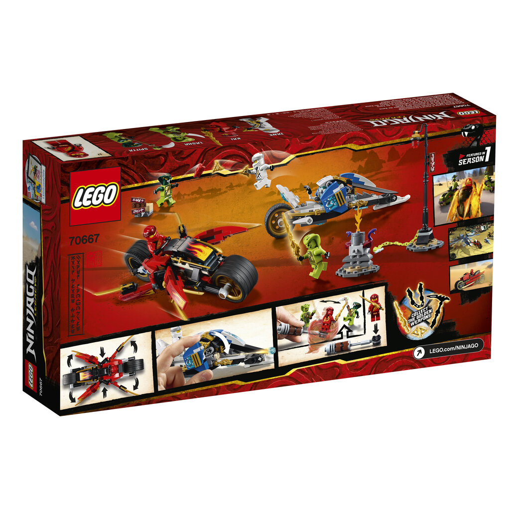 70667 LEGO® NINJAGO Kai miekkapyörä ja Zane moottorikelkkailuauto hinta ja tiedot | LEGOT ja rakennuslelut | hobbyhall.fi