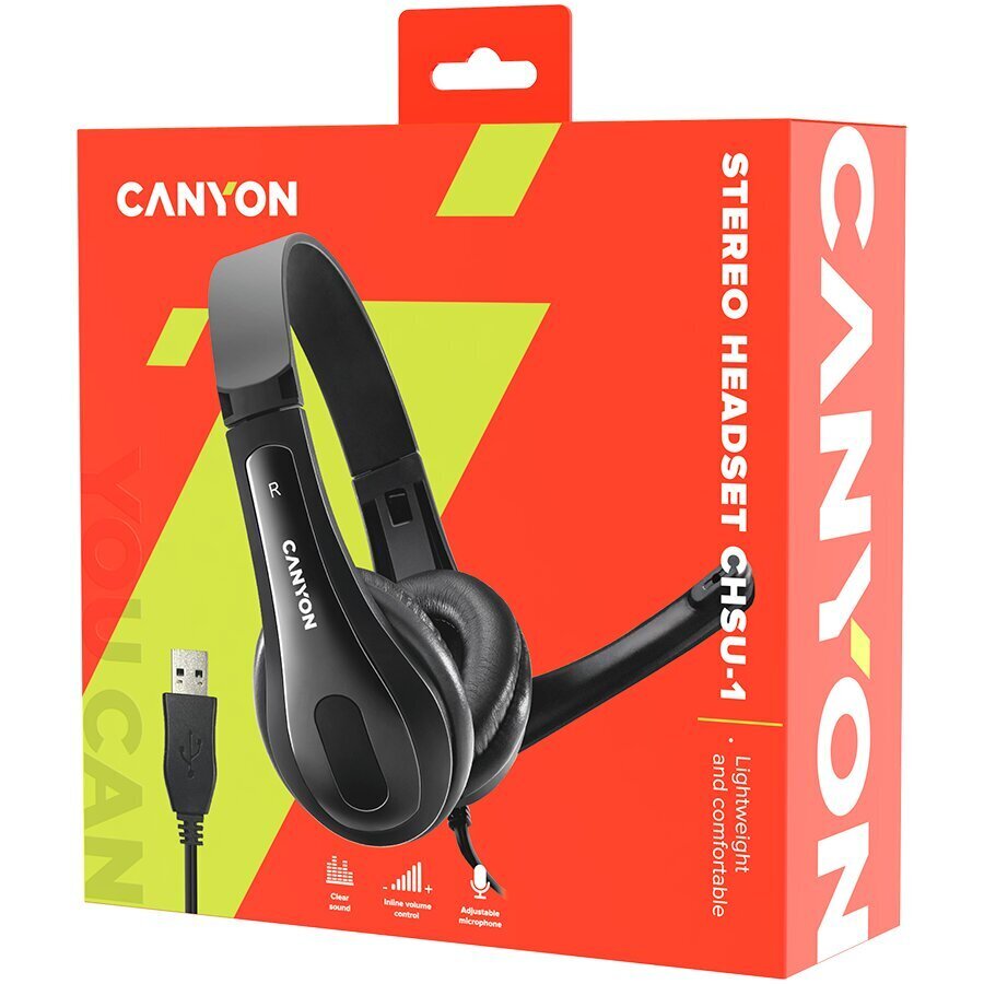 CANYON CHSU-1, perus PC-kuulokkeet mikrofonilla, USB-liitin, nahkatyynyt, litteän kaapelin pituus 2,0m, 160*60*160mm, 0,13kg, musta; hinta ja tiedot | Kuulokkeet | hobbyhall.fi