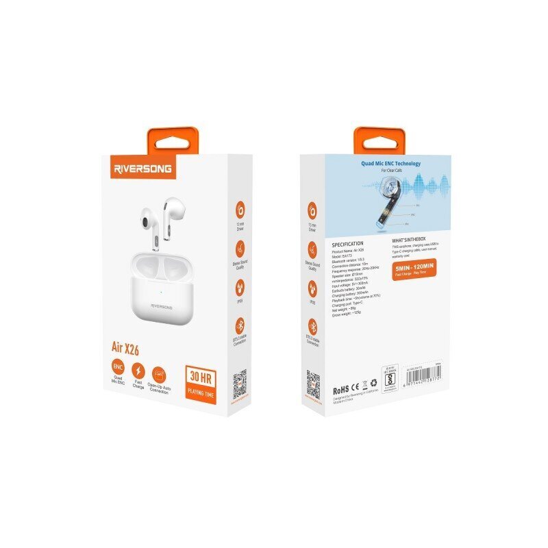 Riversong Bluetooth-kuulokkeet Air X26 TWS valkoinen EA173 hinta ja tiedot | Kuulokkeet | hobbyhall.fi