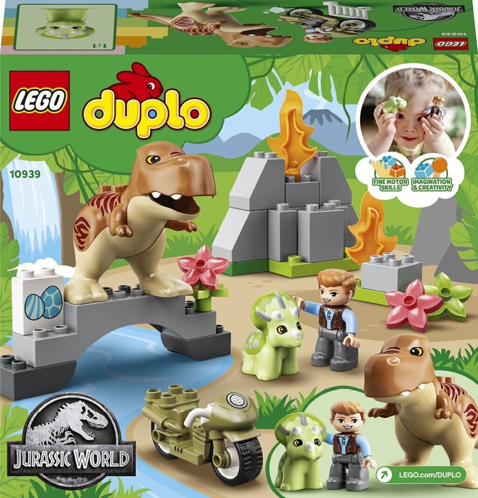 10939 LEGO® DUPLO T. rexin ja Triceratops-dinosauruksen pako hinta ja tiedot | LEGOT ja rakennuslelut | hobbyhall.fi