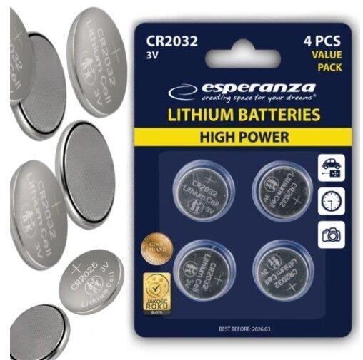 Esperanza Lithium paristot CR2032, 4 kpl. hinta ja tiedot | Paristot | hobbyhall.fi