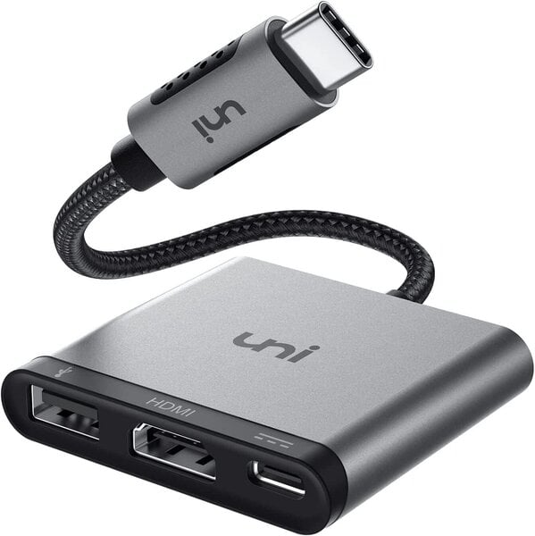 USB C HDMI -sovitin 3 in 1, UNI USB-C-monisovitteri, tukee 100 W: n latausta, 4K HDMI: tä ja USB 3.0: ta, yhteensopiva iPad Pro 2020/2018, MacBook, Samung S20, Huawei, Surface ja Mehr-Space Grau