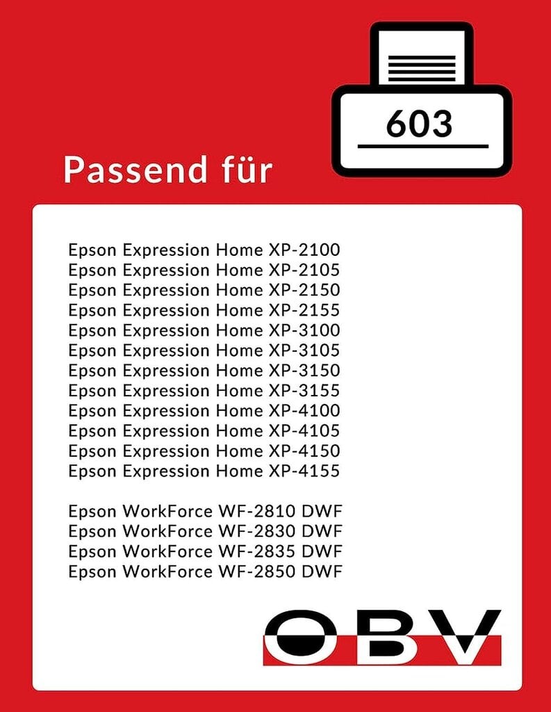 OBV 603XL Multick 5X -yhteensopiva tulostinpatruuna Epson 603 XL -sustepatruunalle XP-2100 XP-2150 XP-3105 XP-4100 XP-410DWF WF-2830DWF WF-2835DWF WF-2850DWF hinta ja tiedot | Mustekasetit | hobbyhall.fi