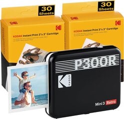 Kodak P300 Mini 3 Retro, Mobile Matkapuhelinvalokuvatulostin, yhteensopiva älypuhelimen (iOS & Android), Bluetoothin, 76x76 mm, 4Pass -tekniikan, laminointi, 68 arkin, mustan kanssa hinta ja tiedot | Tulostimet | hobbyhall.fi