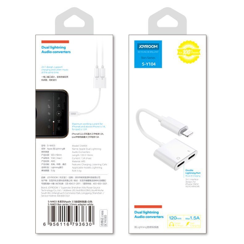 Adapteri kuulokkeiden jakaja, Joyroom, iPhone Lightning, 3,5 mm mini jack, valkoinen hinta ja tiedot | Adapterit | hobbyhall.fi