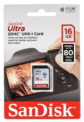 SANDISK Ultra SDHC 16GB 80MB/s Class 10 muistitikku hinta ja tiedot | Kameran muistikortit | hobbyhall.fi