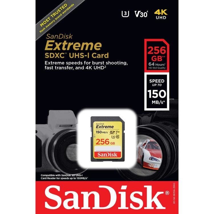 SANDISK Extreme SDXC Card 256GB 150MB/s hinta ja tiedot | Kameran muistikortit | hobbyhall.fi