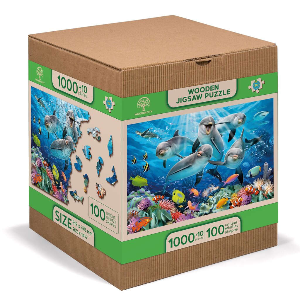 Puinen palapeli ainutlaatuisilla elementeillä "Happy Dolphins" Wooden Puzzle 1000 pcs / Wooden.city hinta ja tiedot | Palapelit | hobbyhall.fi