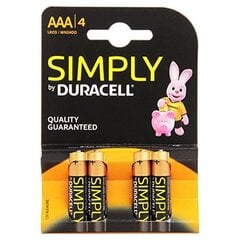 DURACELL DURACELL SIMPLY ALKALINE AKKU AAA LR03 / MN2400 4 yksikköä hinta ja tiedot | Paristot | hobbyhall.fi