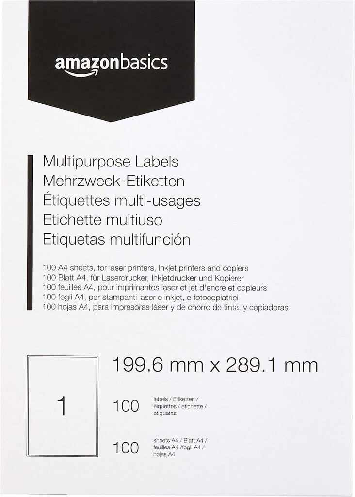 Amazon Basics - Universal -osoiteominaisuudet, 199,6 mm x 289,1 mm, 100 kaaria, 1 etiketti keulaa kohti, 100 etikettiä hinta ja tiedot | Toimistotarvikkeet | hobbyhall.fi