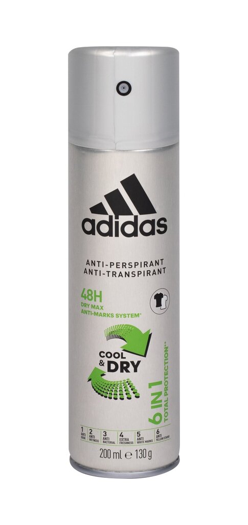 Antiperspirantti deodorantti miehille Adidas 6 in 1, Cool&Dry, 200 ml hinta ja tiedot | Naisten ihonhoito | hobbyhall.fi