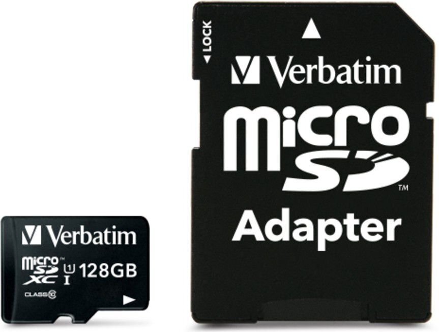 "verbatim micro secure digital card premium, 128 gb, micro sdxc, 44085, uhs-i u1 (luokka 10), sovittimella". hinta ja tiedot | Puhelimen muistikortit | hobbyhall.fi