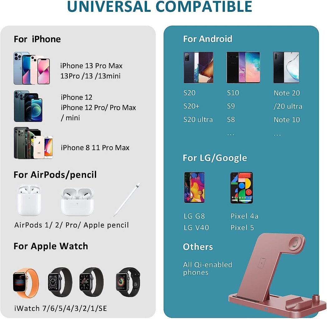 Lechly Wireless Charger, 4 in 1 induktiivinen latausasema Apple Watch Airpods Prolle, Qi-sertifioitu langaton laturi iPhone 12/SE/11/X/XS Max/8, Samsung Galaxy S20/S10 hinta ja tiedot | Puhelimen laturit | hobbyhall.fi