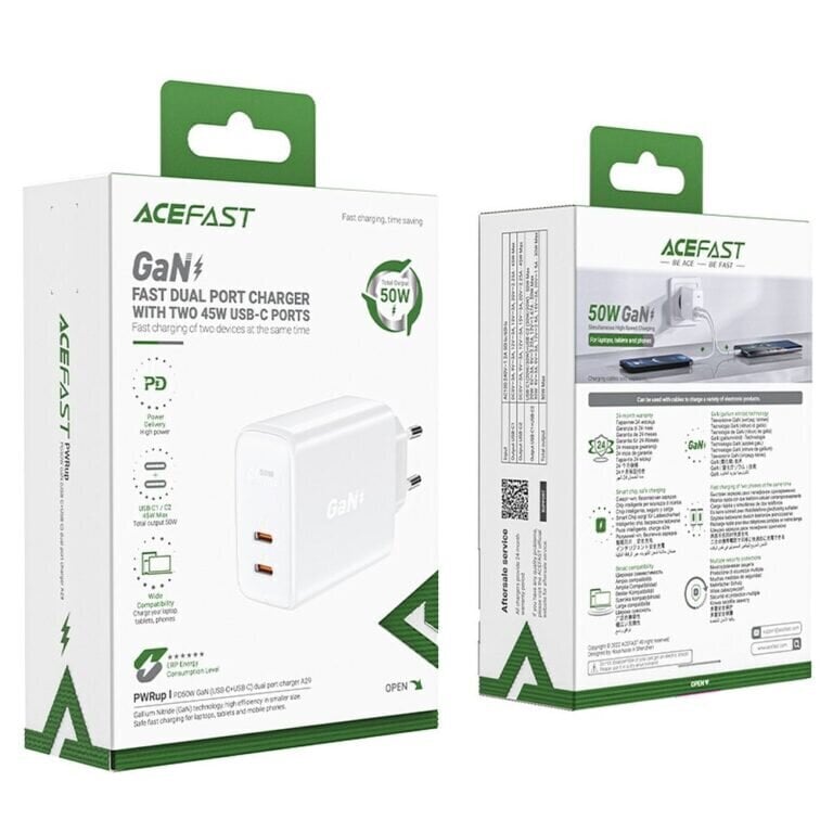 ACEFAST 2 x USB-C QC4.0 PD (45W) laturi – Valkoinen hinta ja tiedot | Puhelimen laturit | hobbyhall.fi