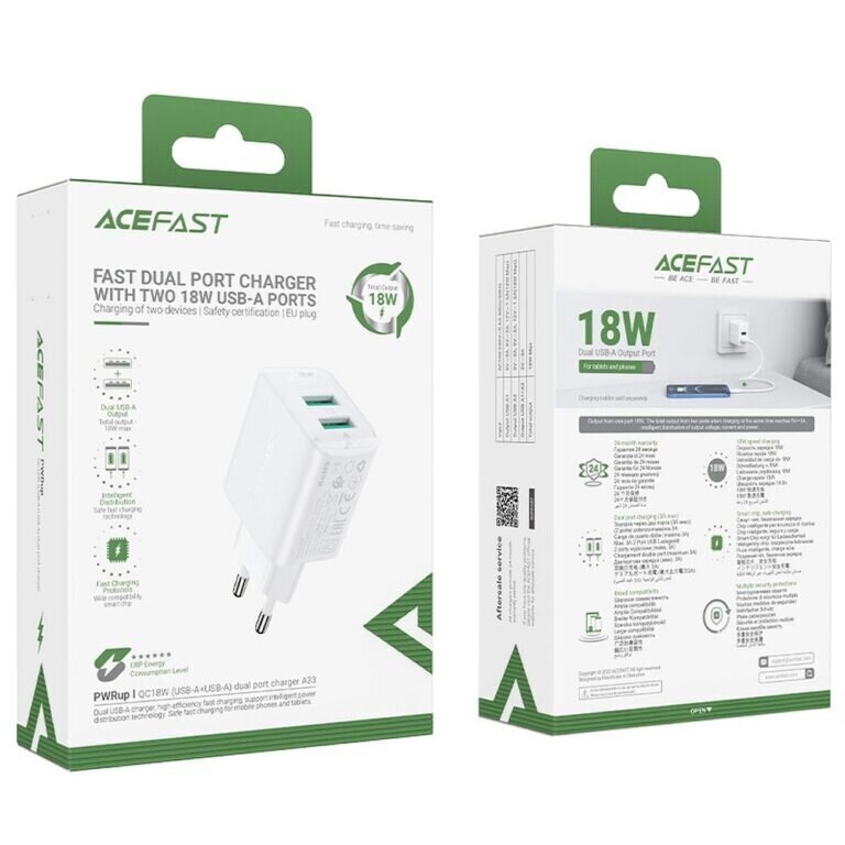 ACEFAST 2 x USB 3A QC 18W laturi – Valkoinen hinta ja tiedot | Puhelimen laturit | hobbyhall.fi