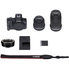 Canon EOS R50 + RF-S 18-45mm IS STM + RF-S 55-210mm IS STM + kiinnityssovitin EF-EOS R (musta) hinta ja tiedot | Kamerat | hobbyhall.fi