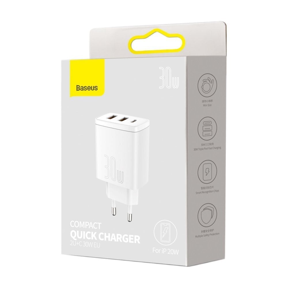 Kompakti pikalaturi, Baseus, 2x USB-C, 30 W, 3A PD QC, valkoinen hinta ja tiedot | Puhelimen laturit | hobbyhall.fi