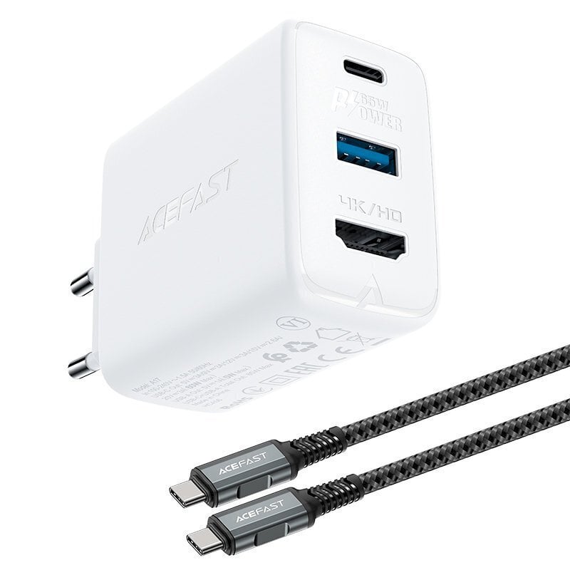 Laturisovitin, 2in1, Acefast, USB-C-kaapelilla, USB-C, HDMI, 4K, valkoinen hinta ja tiedot | Puhelimen laturit | hobbyhall.fi