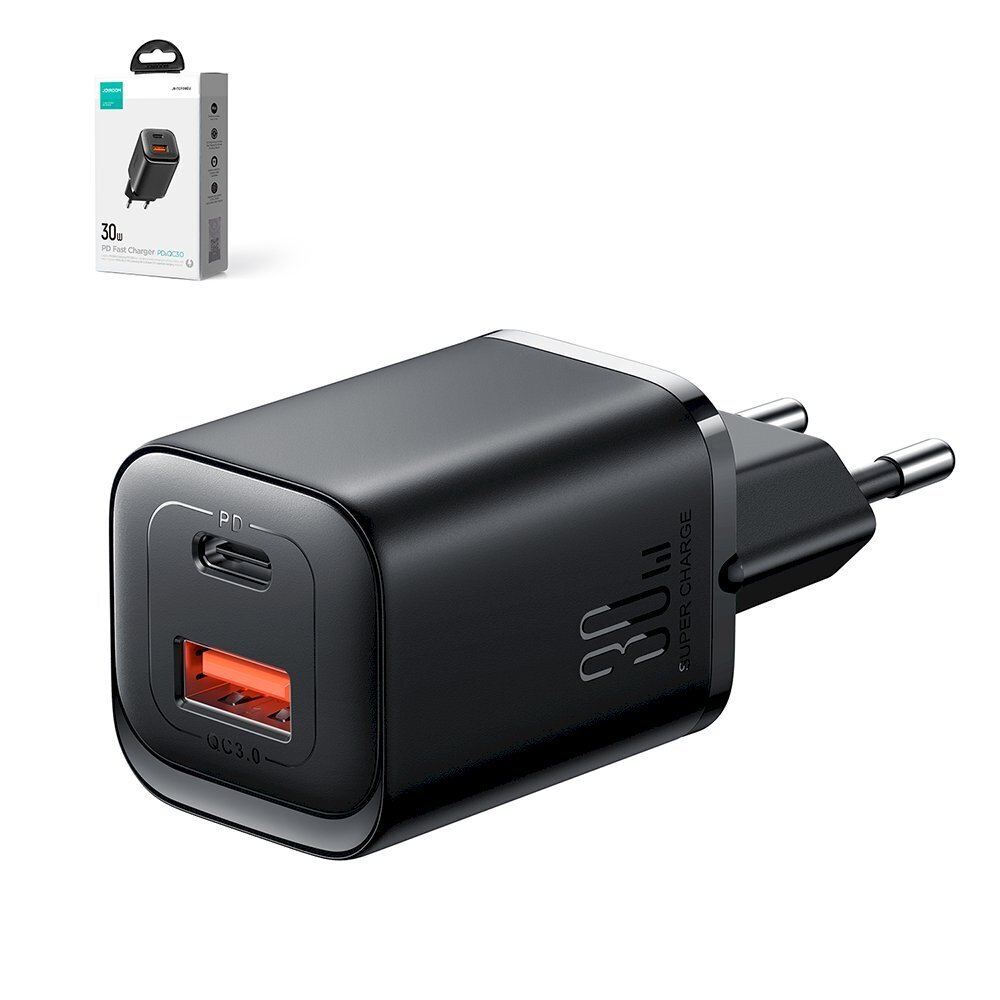 Pikalaturi, Joyroom JR-TCF08EU1, 30 W., USB-A ja USB-C PD QC AFC FCP, musta hinta ja tiedot | Puhelimen laturit | hobbyhall.fi