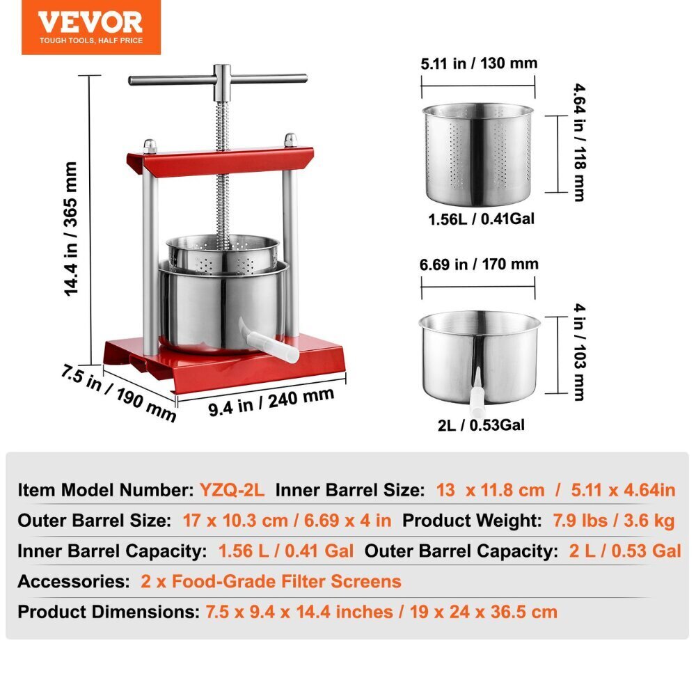 Vevor mekaaninen mehupuristin, 2L hinta ja tiedot | Mehupuristimet ja mehulingot | hobbyhall.fi