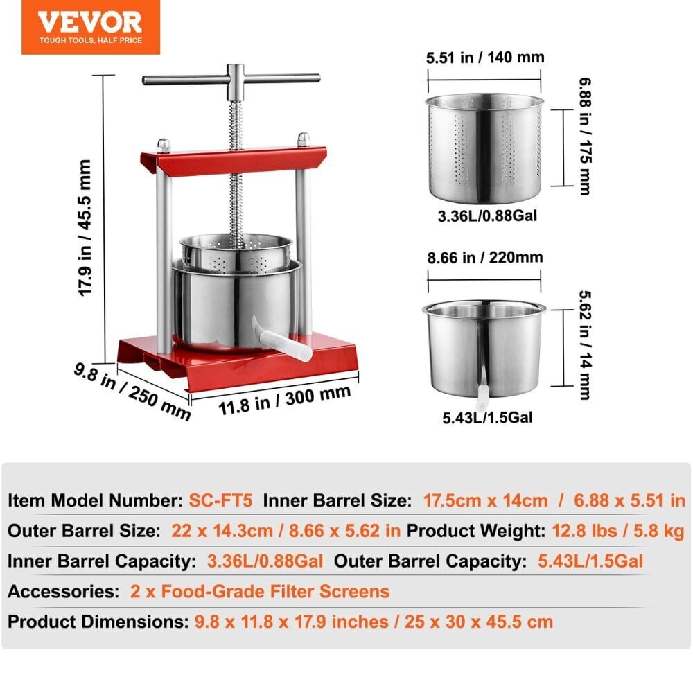 Vevor mekaaninen mehupuristin, 6L hinta ja tiedot | Mehupuristimet ja mehulingot | hobbyhall.fi