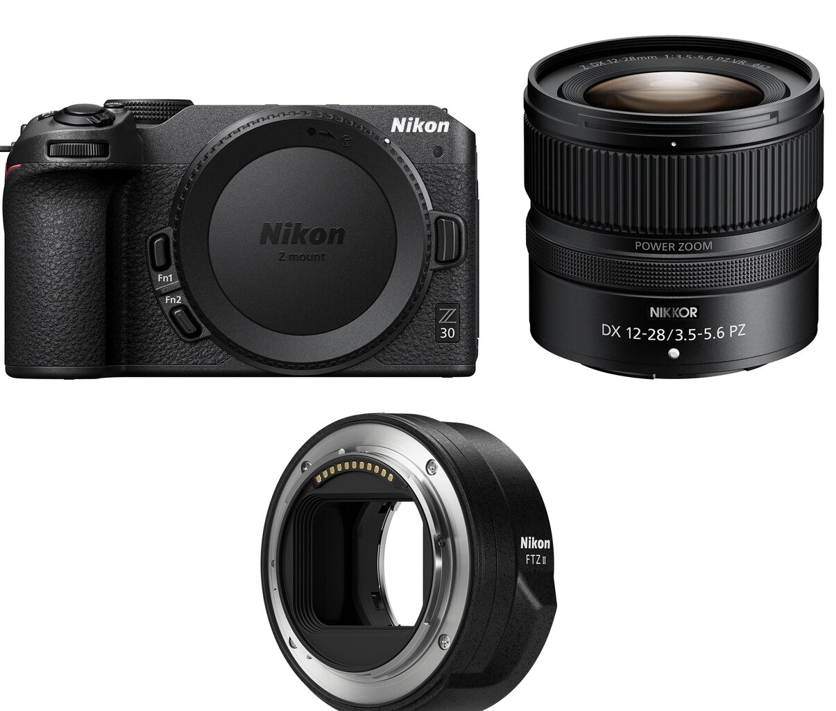 Nikon Z 30, (Z30) + NIKKOR Z DX 12-28mm f/3.5-5.6 PZ VR + FTZ II -sovitin hinta ja tiedot | Kamerat | hobbyhall.fi