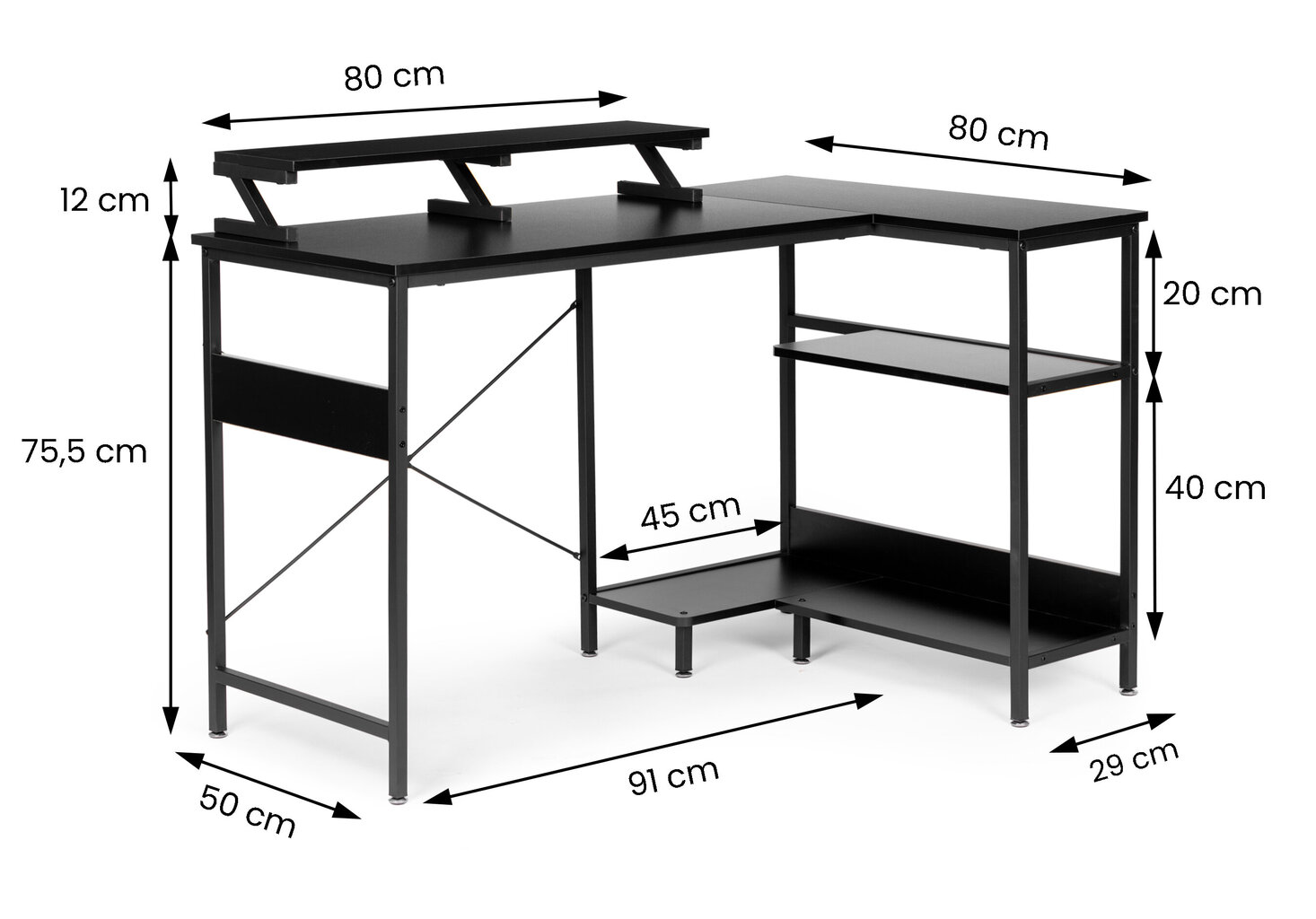 Kulmatietokonepöytä, jossa 3 mustaa hyllyä hinta ja tiedot | Tietokonepöydät ja työpöydät | hobbyhall.fi