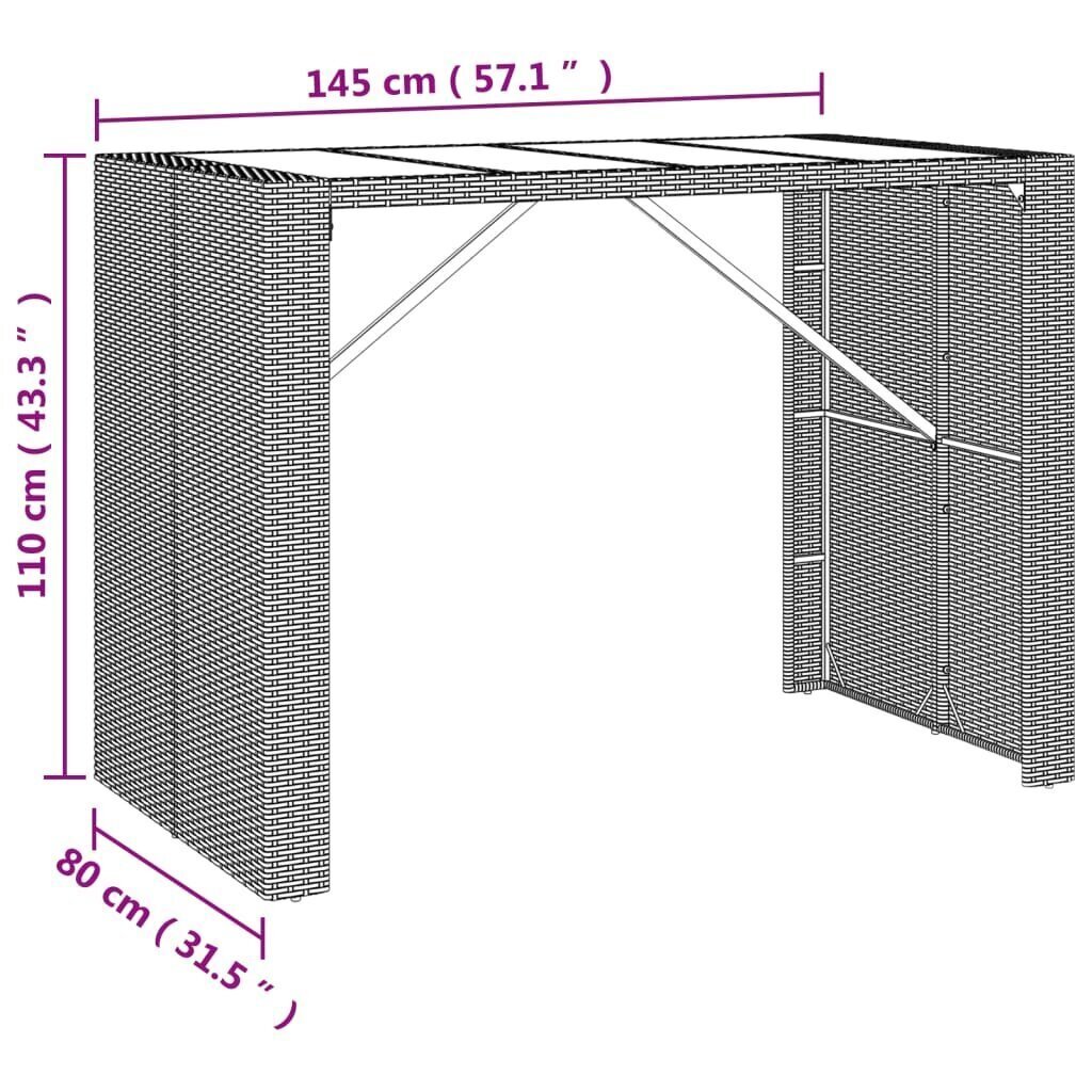 Baaripöytä lasipöytälevyllä harmaa 145x80x110 cm polyrottinki hinta ja tiedot | Puutarhapöydät | hobbyhall.fi