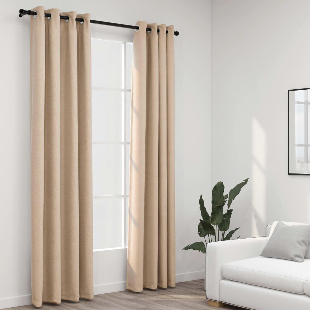 Pellavamaiset pimennysverhot renkailla 2 kpl beige 140x225 cm hinta ja tiedot | Verhot | hobbyhall.fi