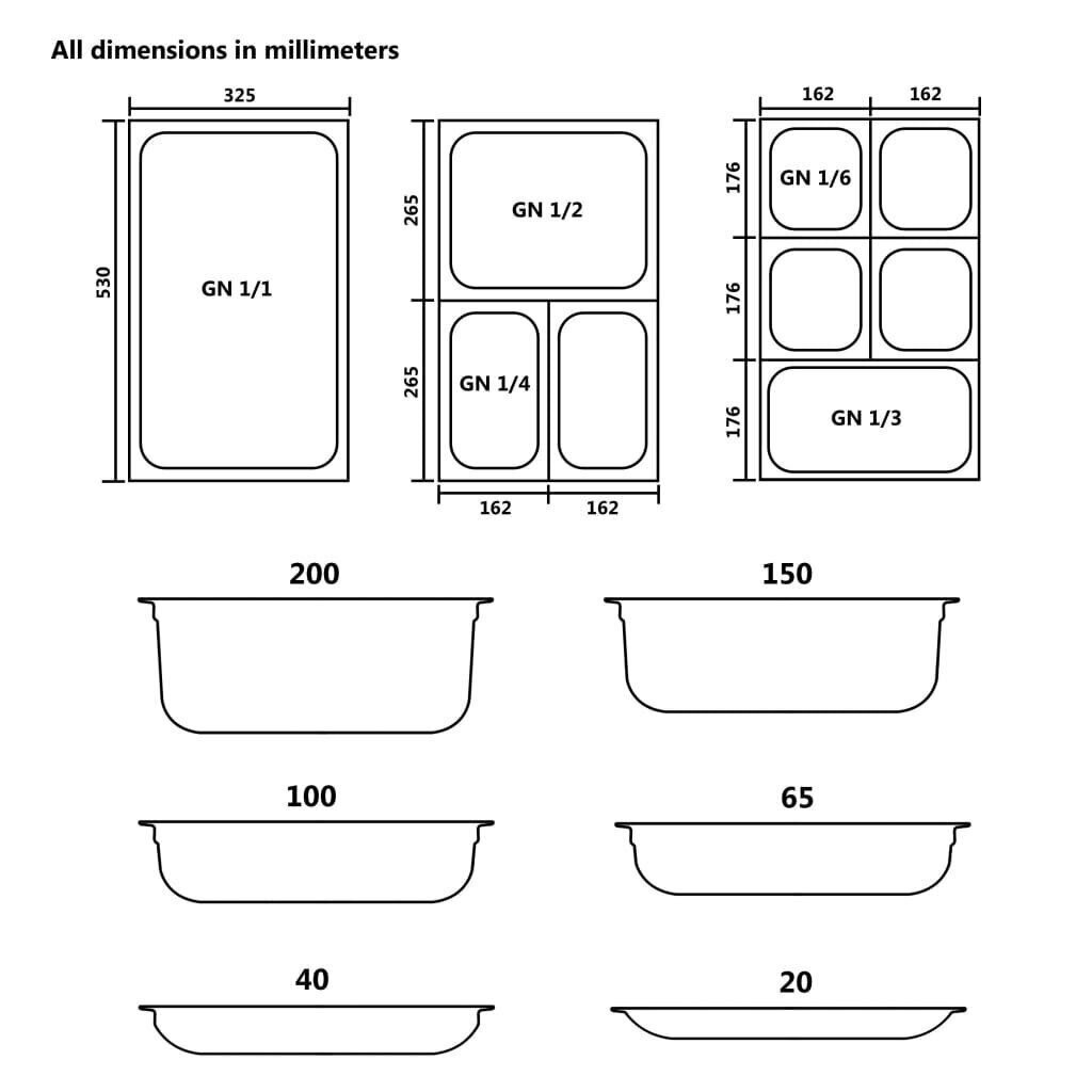 Ruokavuoat 12 kpl GN 1/6 65 mm ruostumaton teräs hinta ja tiedot | Astiat | hobbyhall.fi