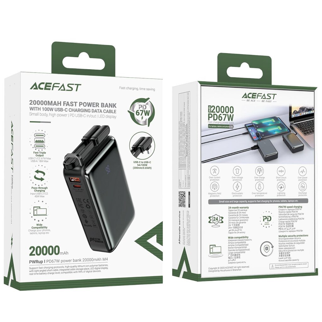 Virta-akku, Acefast M41, 20000 mAh., M4 PD 67 W., integroidulla USB-C-kaapelilla, musta hinta ja tiedot | Varavirtalähteet | hobbyhall.fi