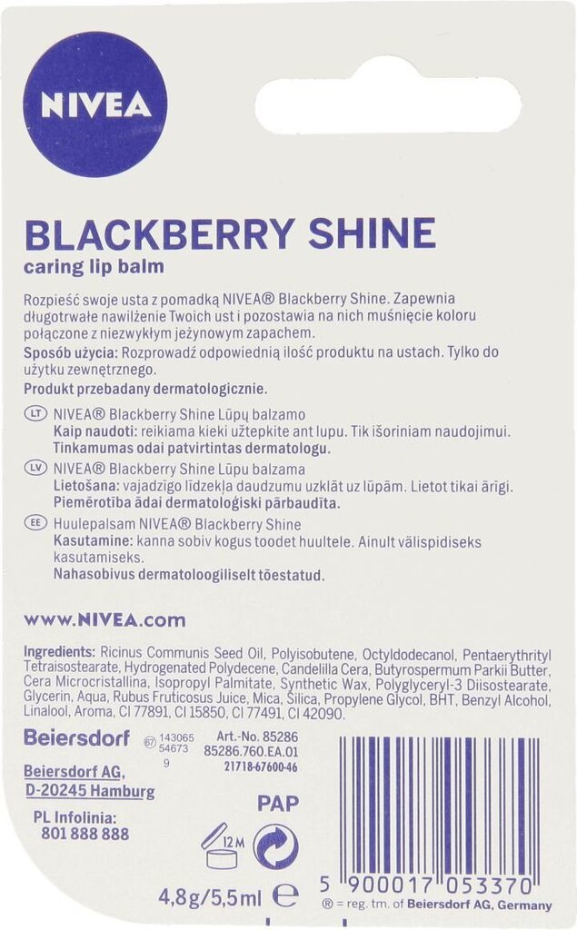 Nivea Blackberry Shine -huulipuna, 4,8 g hinta ja tiedot | Huulipunat, huulikiillot ja huulirasvat | hobbyhall.fi
