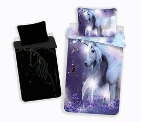 Unicorn with glowing effect -pussilakanasetti, 140 x 200 cm + 1 tyynyliina 70 x 90 cm hinta ja tiedot | Pussilakanat ja tyynyliinat | hobbyhall.fi