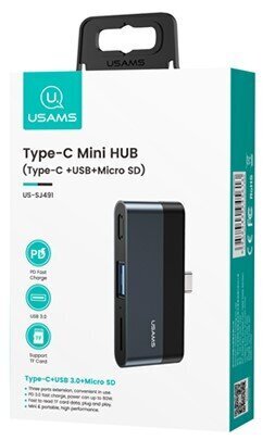 USAMS SJ491 USB-C-keskitin 1xUSB, 1xUSB-C, Micro SD, musta hinta ja tiedot | Adapterit | hobbyhall.fi
