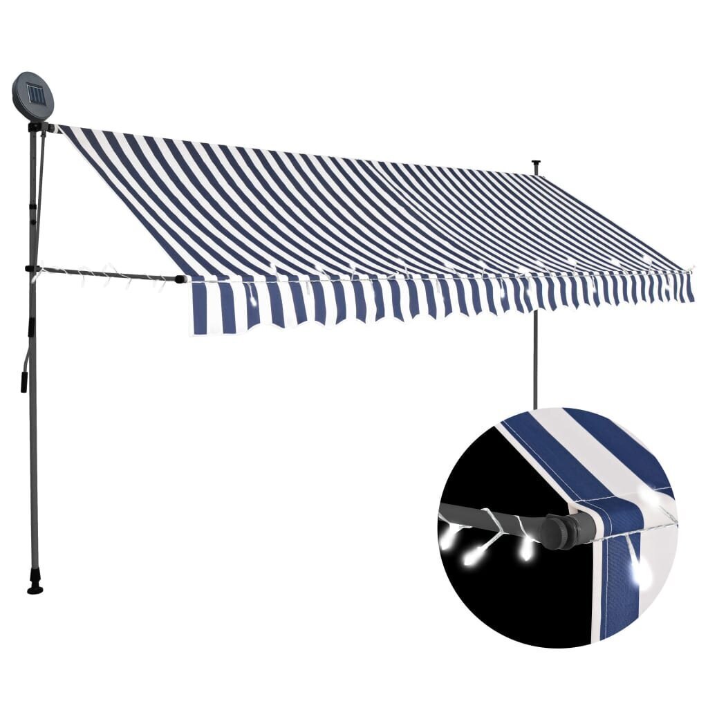 Sisäänkelattava markiisi LED-valoilla 350 cm sininen/valkoinen hinta ja tiedot | Aurinkovarjot ja markiisit | hobbyhall.fi