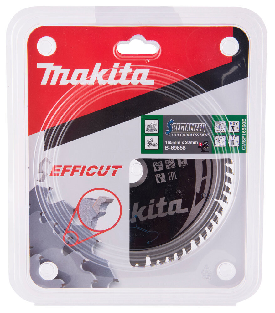 B-69858 Pyörösahanterä HM 165x20x1,85 mm, Z-60 Efficut puulle Makita hinta ja tiedot | Käsityökalut | hobbyhall.fi