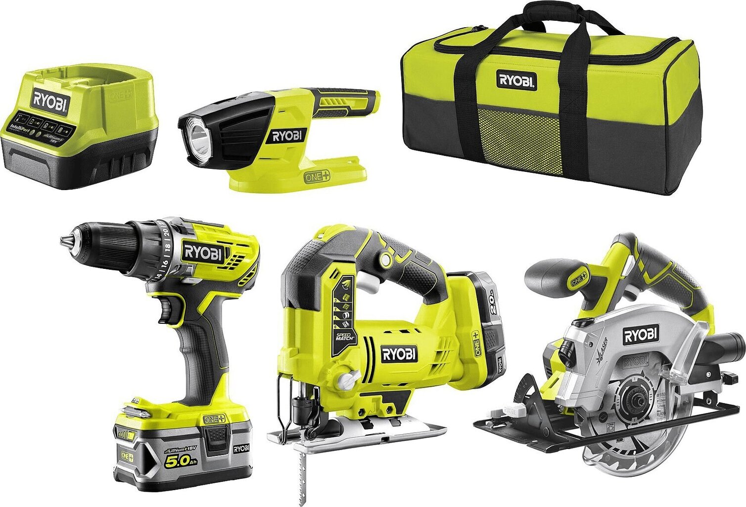 4-osainen kombosetti Ryobi R18CK4A-252S, 18V / 1x 2.0 Ah & 1x 5.0 Ah hinta ja tiedot | Käsityökalut | hobbyhall.fi