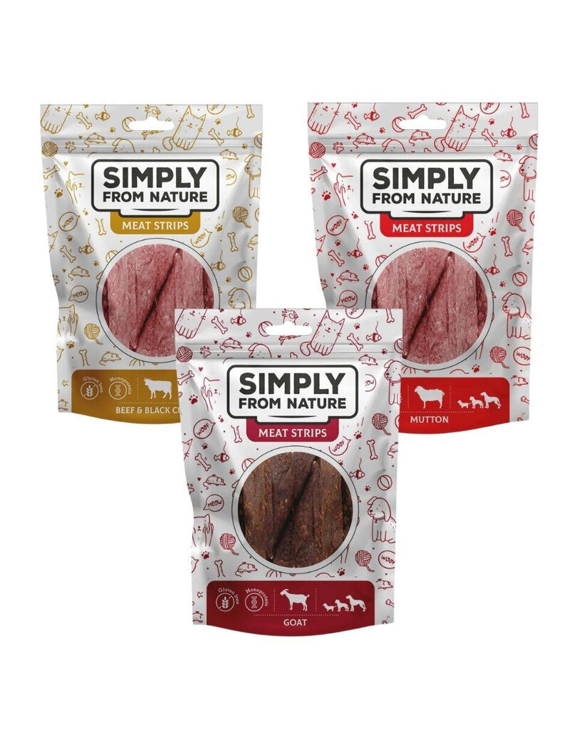 Simply From Nature Meat Strips Mix nauta, vuohi ja lammas, 3x80 g hinta ja tiedot | Koiran herkut | hobbyhall.fi