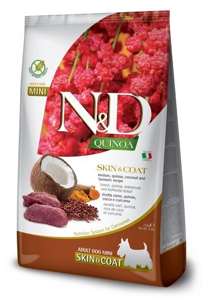 Farmina N&D Quinoa Dog Skin&Coat Adult Mini hirvenlihalla ja kookospähkinällä, 2,5 kg hinta ja tiedot | Koiran kuivaruoka | hobbyhall.fi