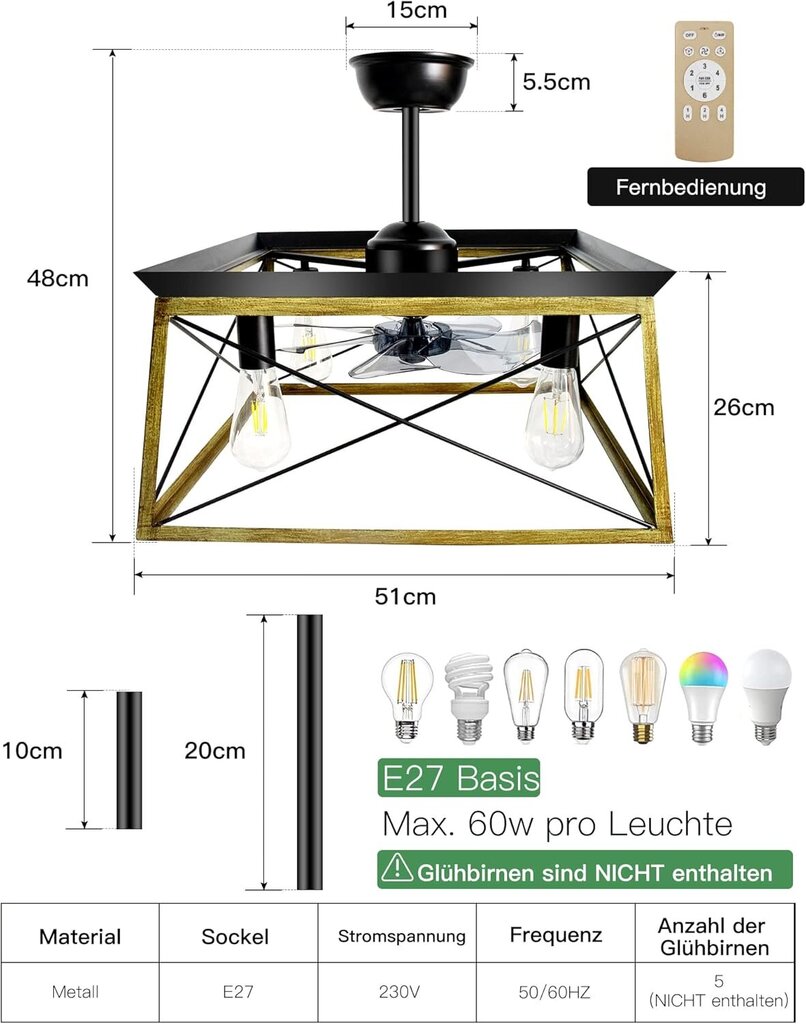 Kattovalaisin tuulettimella Dexnump, halkaisija 51x26cm, 60W, musta hinta ja tiedot | Kattovalaisimet | hobbyhall.fi