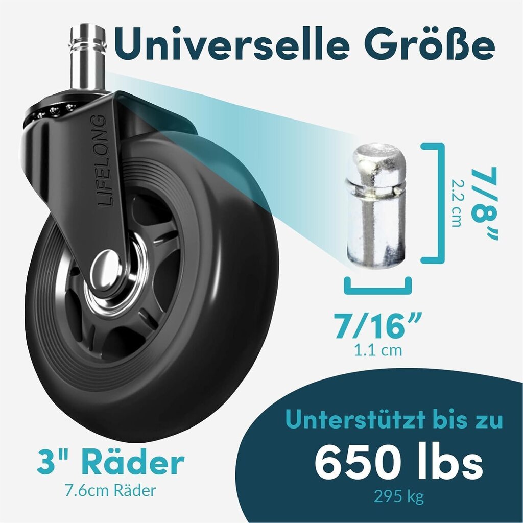 Pyöräsarja Lifelong toimistotuoleihin, 5 kpl, varren koko 11 x 22 mm, musta hinta ja tiedot | Kalustepyörät | hobbyhall.fi
