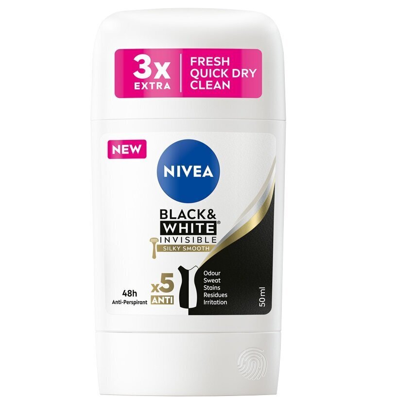 Antiperspiranttikynä Nivea Black&White Invisible Silky Smooth, 50 ml hinta ja tiedot | Deodorantit | hobbyhall.fi